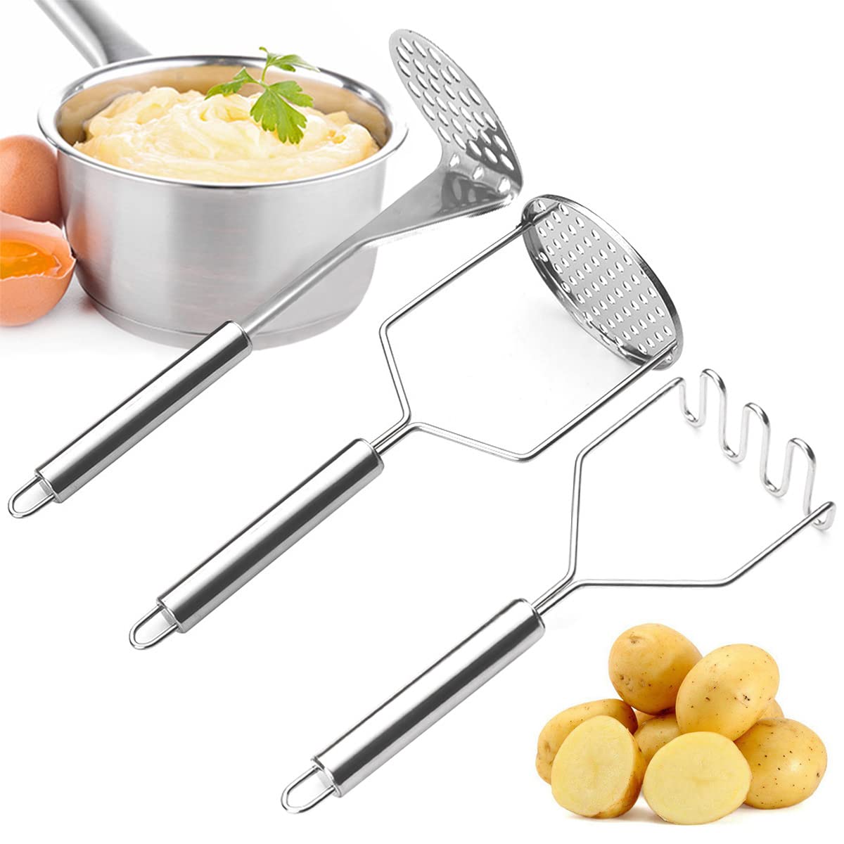 Stainless Steel Pusher/Potato Masher With Broad Mashing Plate